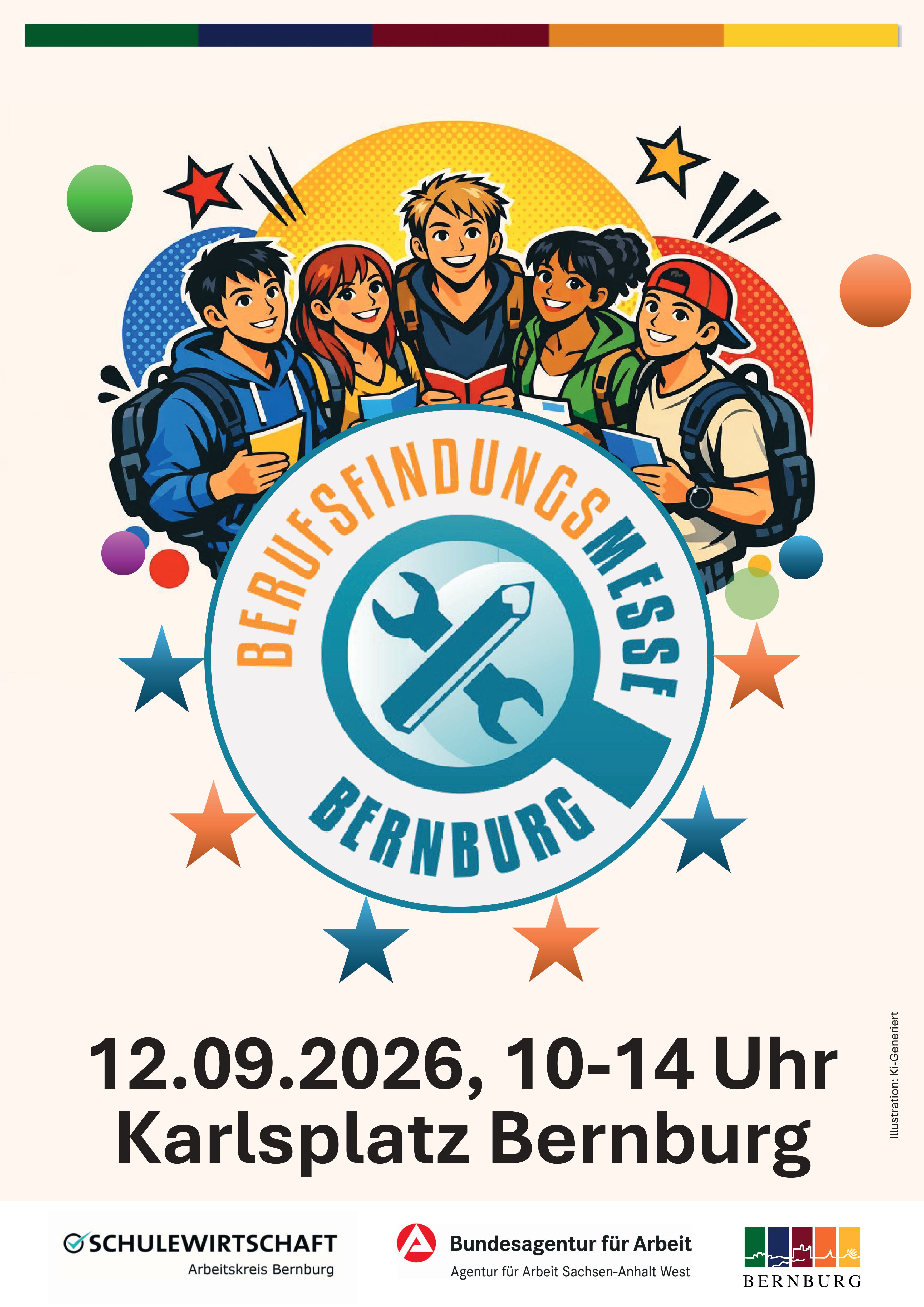 Ein Plakat zeigt Datum, Ort und Grafik zur Berufsfindungsmesse in Bernburg am 12.9.2026